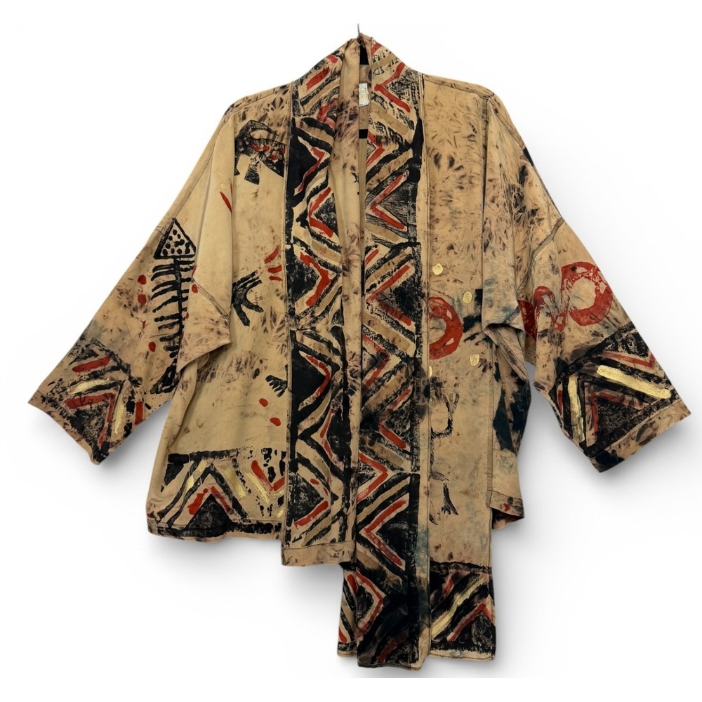 LAISE ADZER 100% Silk Kimono Jacket One‎ Size Tribal Hand Painted Art to Wear